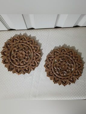 Vintage 8” wooden carved trivets hot plates wall art.